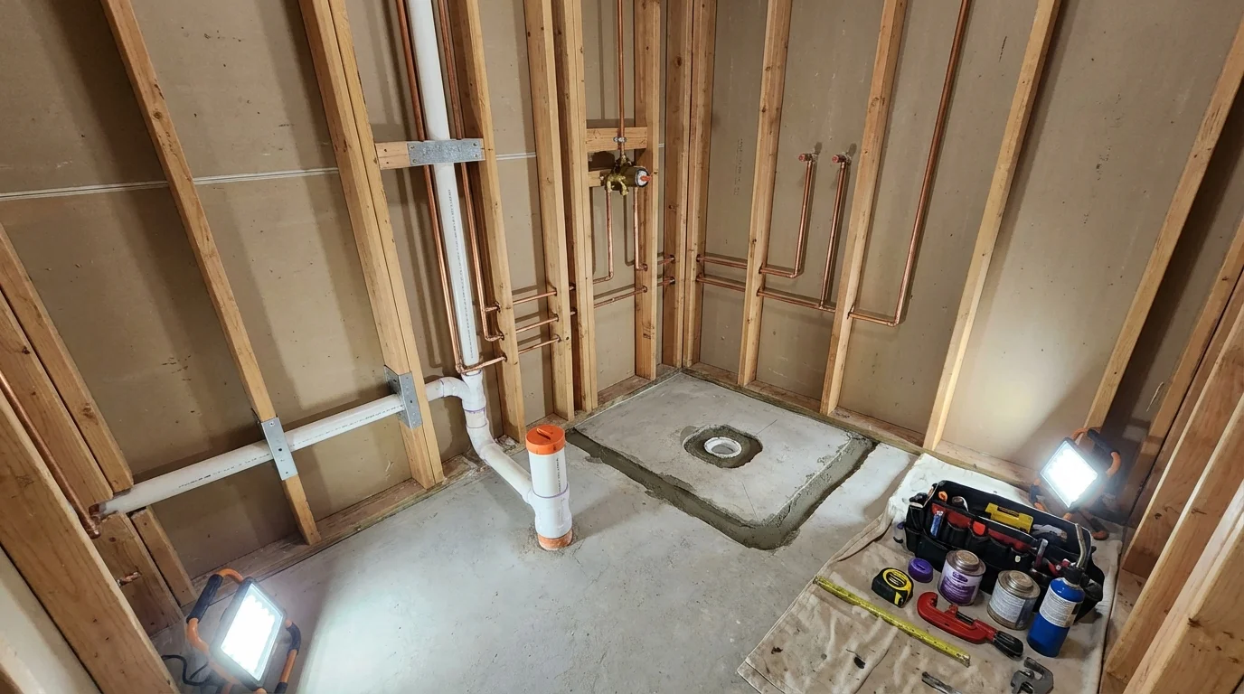 Bathroom rough-in plumbing during remodel by Johns Plumbing LLC in Jonestown